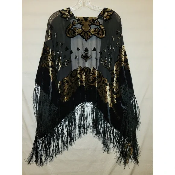 Michelann Original Whimsigoth Shawl Black Gold Burnout Velvet  Fringed Vintage - Picture 7 of 11